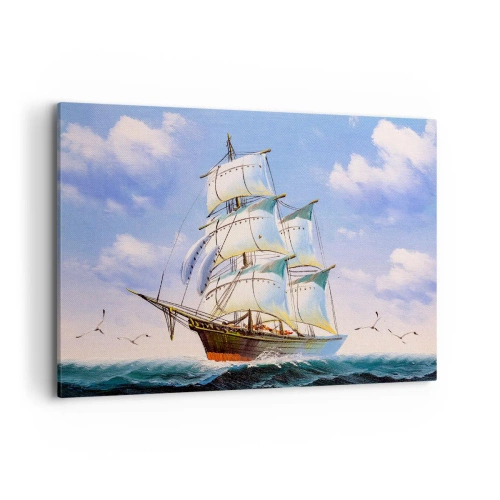 Impression sur toile - Image sur toile - Un voilier en pleine mer sous un ciel bleu - 120x80cm - Fièrement avec le vent - Décoration murale moderne pour le salon et la chambre ARTTOR