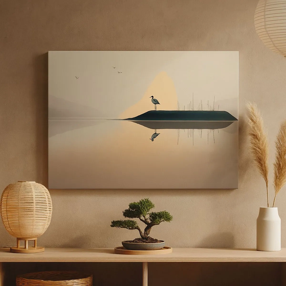 Impression sur toile - Image sur toile - Un oiseau sur une île dans un lac calme aux teintes chaudes - 70x50cm - Le seigneur du lac - Décoration murale moderne pour le salon et la chambre ARTTOR