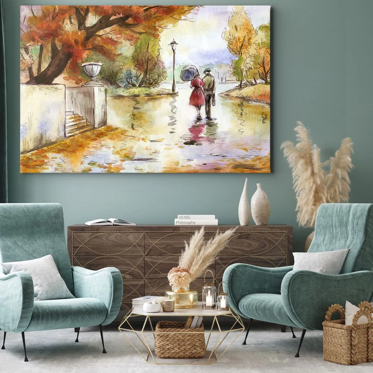 Impression sur toile - Image sur toile - Une promenade dans le parc d'automne avec un parapluie - 70x50cm - Automne romantique dans le parc - Décoration murale moderne pour le salon et la chambre ARTTOR