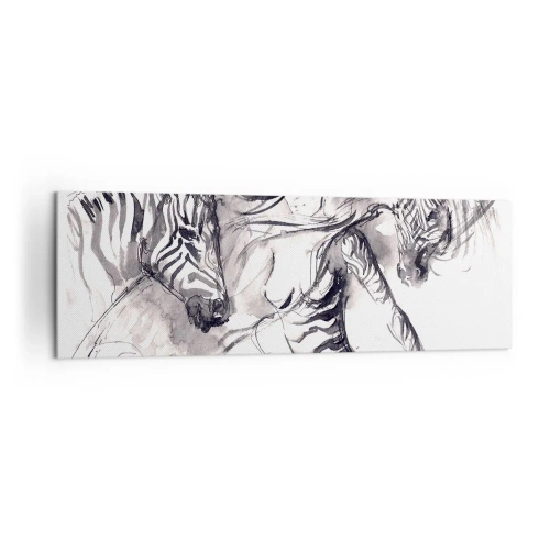 Impression sur toile - Image sur toile - Une femme dans une danse dynamique avec des zèbres dans une esthétique noir et blanc - 160x50cm - Danse avec les zèbres - Décoration murale moderne pour le salon et la chambre ARTTOR
