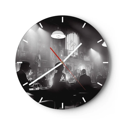 Horloge murale - Pendule murale - Scène en noir et blanc d'un club de jazz avec des silhouettes d'invités - 30x30cm - Dans une ambiance jazz - Décoration murale moderne pour le salon, la cuisine et la chambre ARTTOR