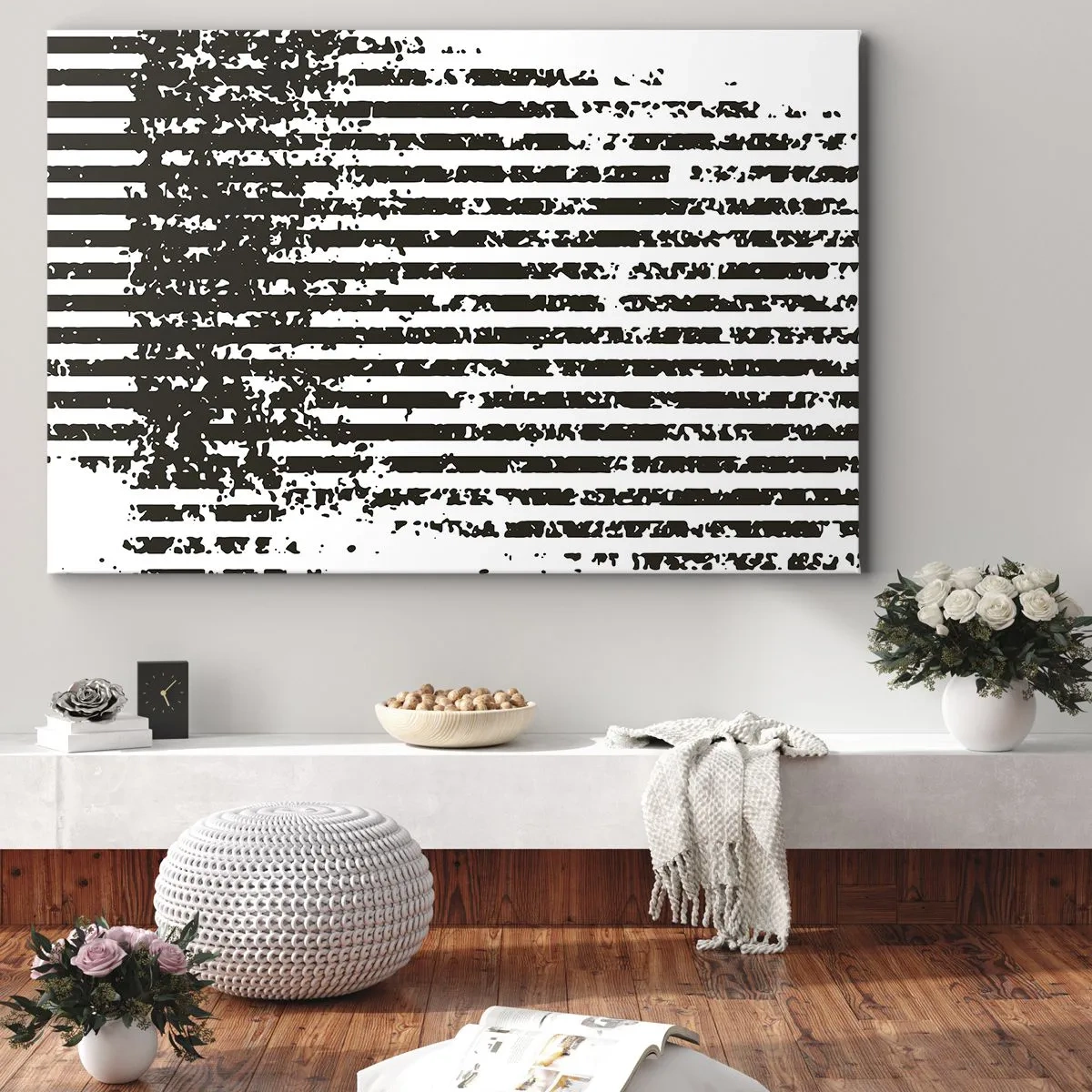 Impression sur toile - Image sur toile - Lignes abstraites avec un effet vieilli en noir et blanc - 70x50cm - Rythme et bruissement - Décoration murale moderne pour le salon et la chambre ARTTOR