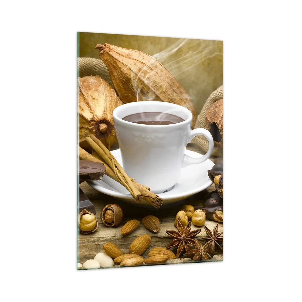 Impression sur verre - Image sur verre - Une tasse de chocolat chaud entourée de cacao et de cannelle - 80x120cm - Pour les amateurs de sensations fortes - Décoration murale moderne pour le salon et la chambre ARTTOR