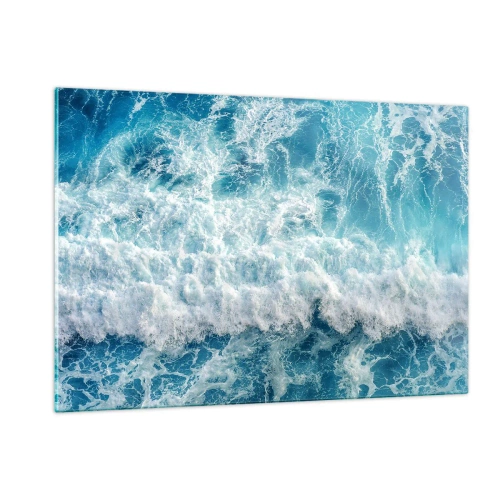 Impression sur verre - Image sur verre - Des vagues bleues s'écrasant sur le rivage - 120x80cm - Joyeusement et en sautant - Décoration murale moderne pour le salon et la chambre ARTTOR