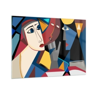 Impression sur verre - Image sur verre - Visages cubistes aux couleurs intenses - 70x50cm - Une conversation entre cubistes - Décoration murale moderne pour le salon et la chambre ARTTOR