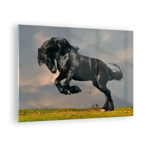 Impression sur verre - Image sur verre - Un cheval noir dans un saut dynamique contre un ciel nuageux - 70x50cm - Beau et libre - Décoration murale moderne pour le salon et la chambre ARTTOR