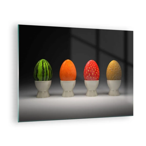 Impression sur verre - Image sur verre - Œufs dans des coquilles de fruits sur un support - 70x50cm - Petit-déjeuner fruité - Décoration murale moderne pour le salon et la chambre ARTTOR