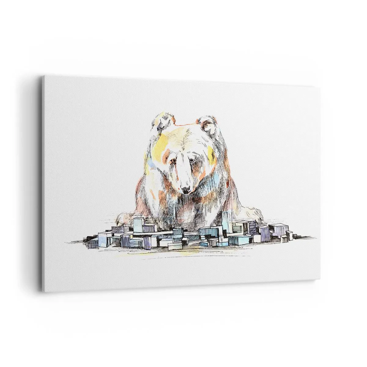 Impression sur toile - Image sur toile - Illustration d'un ours avec des détails et des blocs colorés - 120x80cm - Comment peut-on vivre ainsi ? - Décoration murale moderne pour le salon et la chambre ARTTOR