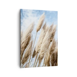 Impression sur toile - Image sur toile - Herbes de pampa délicates contre un ciel bleu avec des nuages légers - 50x70cm - Caresse ensoleillée et venteuse - Décoration murale moderne pour le salon et la chambre ARTTOR