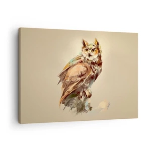 Impression sur toile - Image sur toile - Portrait artistique d'un hibou sur un fond clair dans des tons chauds. - 70x50cm - Le hibou le plus intelligent - confirmera la forêt de chênes - Décoration murale moderne pour le salon et la chambre ARTTOR