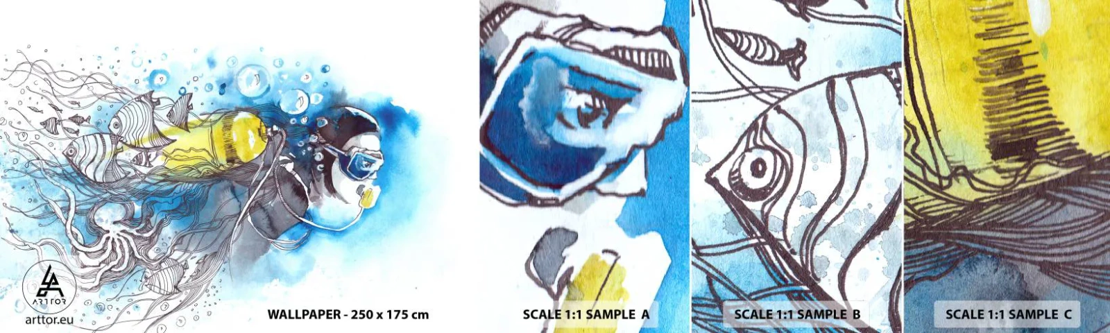 Échantillon De Papier Peint Standard Eco - Le grand bleu - Plongée, Poisson, sport - 100x30 cm