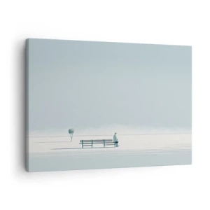Impression sur toile - Image sur toile - Une personne assise sur un banc dans un paysage minimaliste - 70x50cm - Oui, j'attends. - Décoration murale moderne pour le salon et la chambre ARTTOR