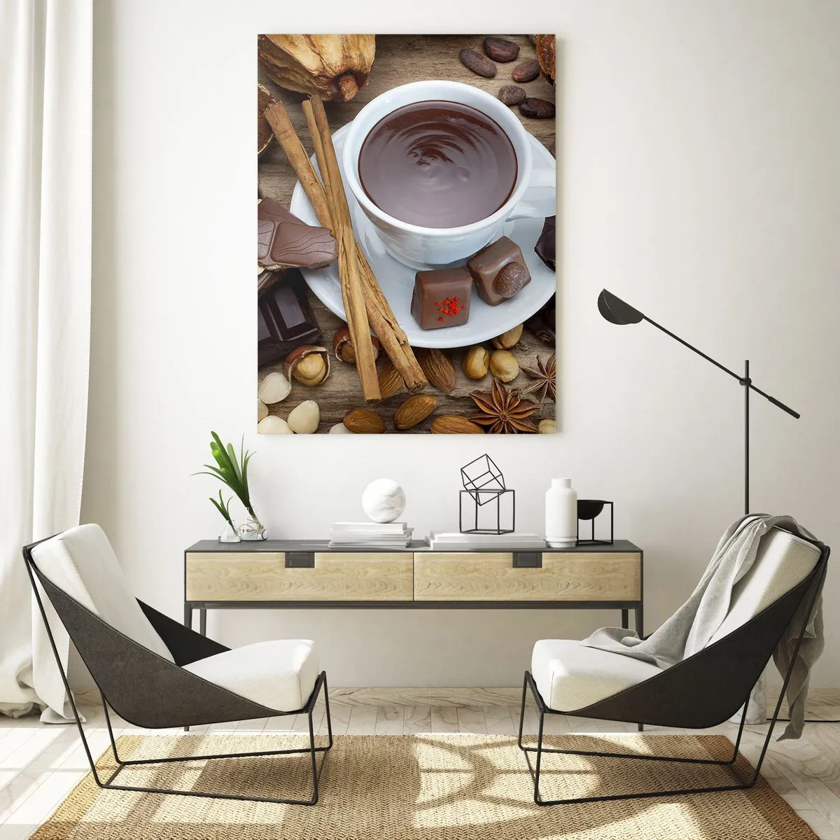 Impression sur verre - Image sur verre - Une tasse de chocolat chaud avec des garnitures sur un fond rustique - 50x70cm - D'une chocolaterie de conte de fées - Décoration murale moderne pour le salon et la chambre ARTTOR