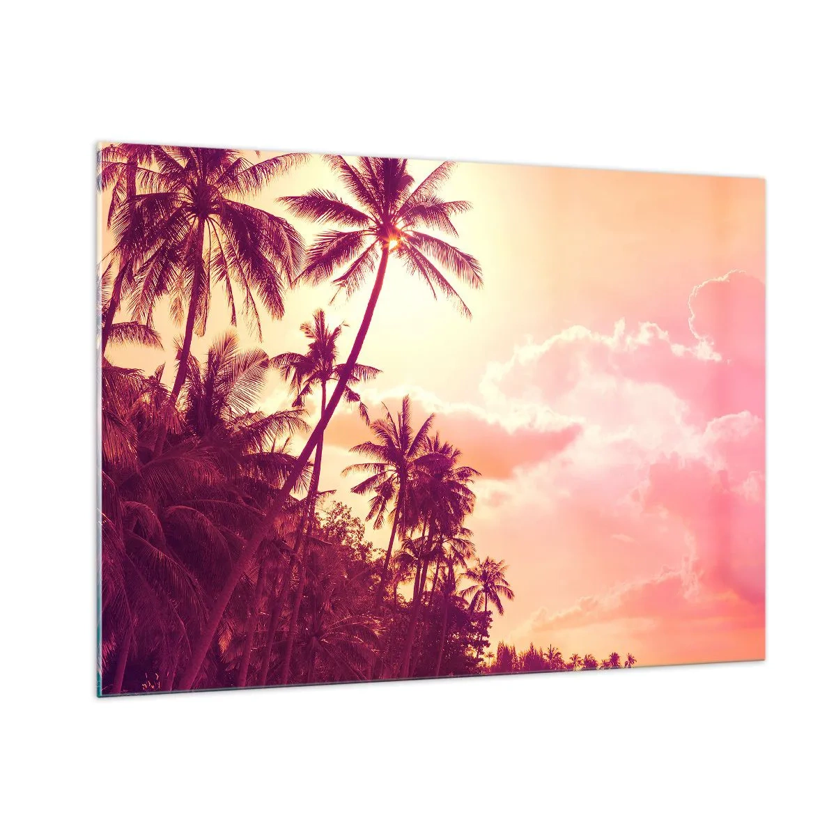 Impression sur verre - Image sur verre - Palmiers tropicaux à la lumière du soleil couchant sur un ciel rose - 100x70cm - Tu dois choisir - Décoration murale moderne pour le salon et la chambre ARTTOR