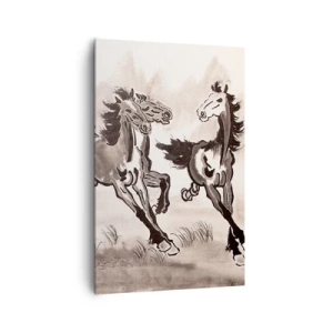Impression sur toile - Image sur toile - Graphiques dynamiques de chevaux au galop dans un style oriental - 80x120cm - Dans un joyeux galop - Décoration murale moderne pour le salon et la chambre ARTTOR