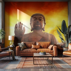 Papier Peint Photo Premium Sand - Une statue de Bouddha sur fond de coucher de soleil doré - 100x70cm - La paix du monde - Décoration murale moderne pour le salon et la chambre ARTTOR