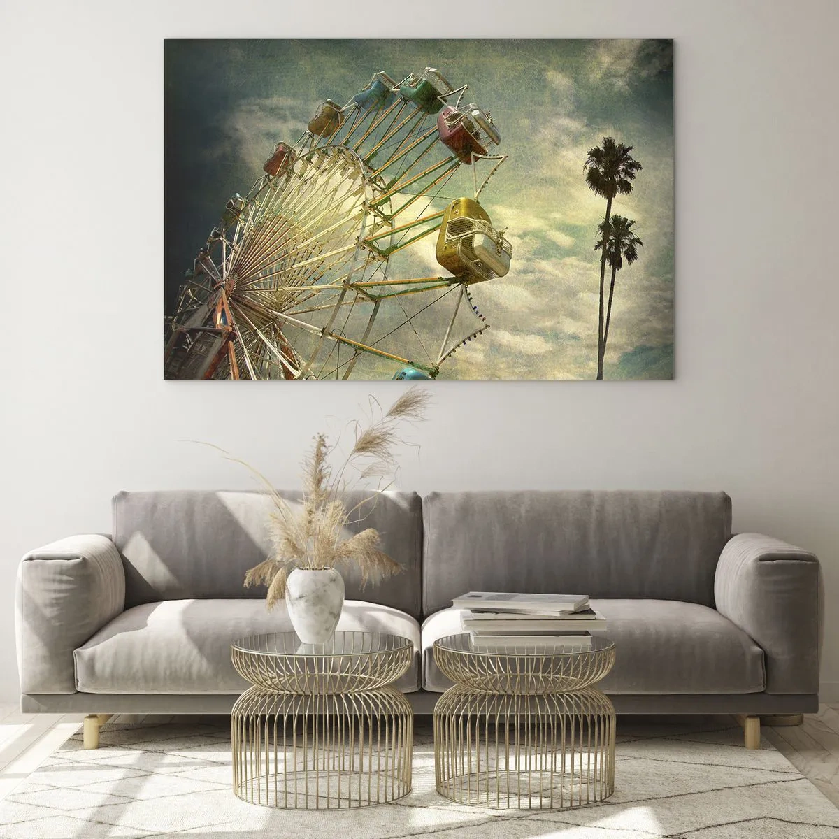 Impression sur verre - Image sur verre - Une grande roue contre le ciel et des palmiers dans un style rétro - 70x50cm - On va faire la fête - Décoration murale moderne pour le salon et la chambre ARTTOR
