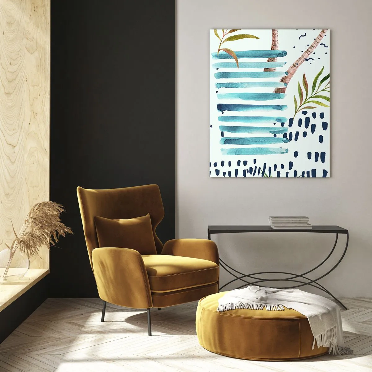 Impression sur verre - Image sur verre - Motif abstrait avec des palmiers et des accents nautiques - 80x120cm - Des vacances sous les palmiers - Décoration murale moderne pour le salon et la chambre ARTTOR