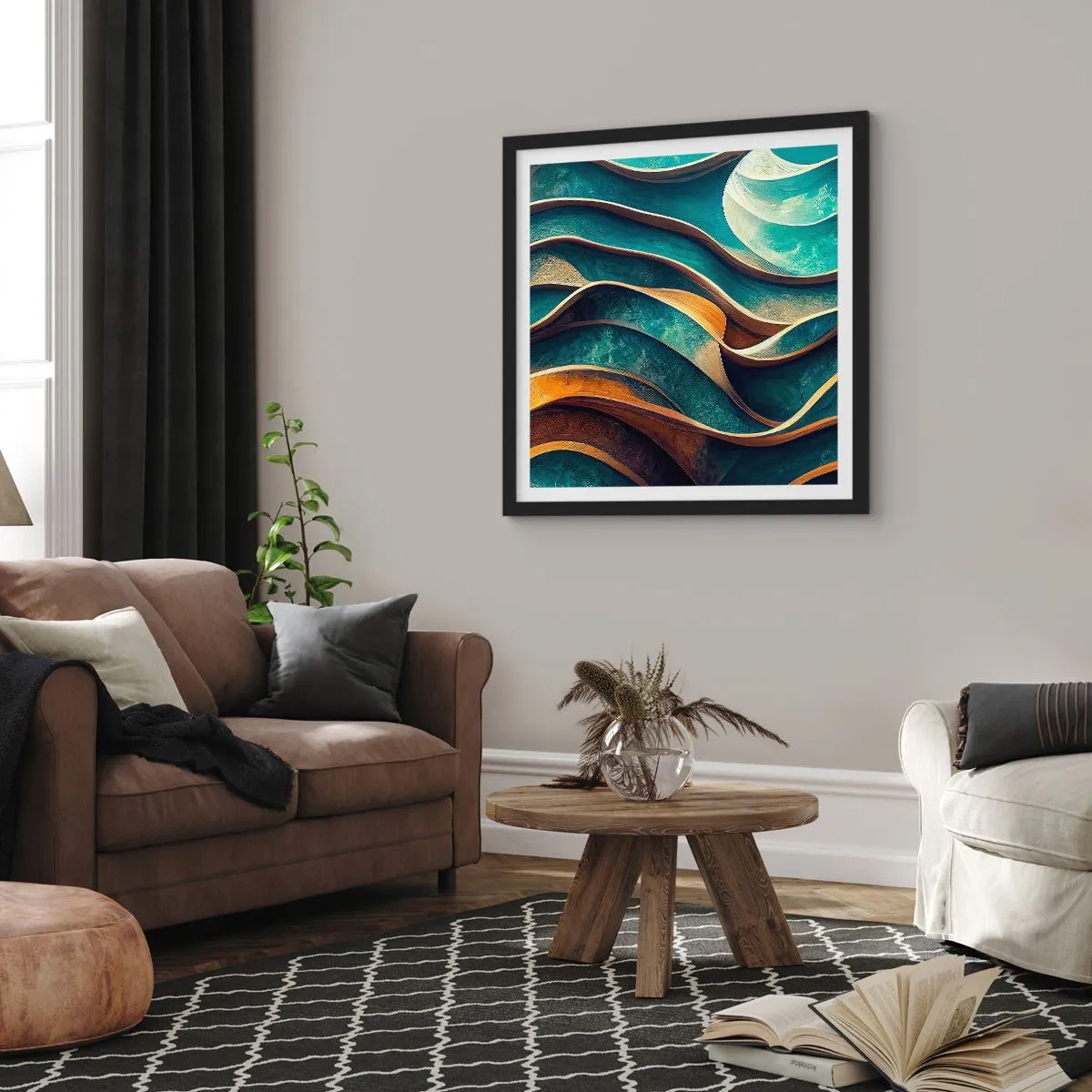 Affiche dans un cadre noir - Poster - Méandres de bleu - 50x50 cm