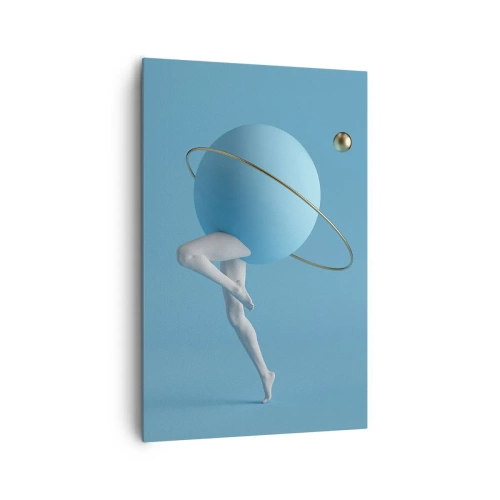 Impression sur toile - Image sur toile - Une sphère bleue avec une orbite et des jambes humaines contre le ciel - 80x120cm - Et les planètes deviennent folles - Décoration murale moderne pour le salon et la chambre ARTTOR