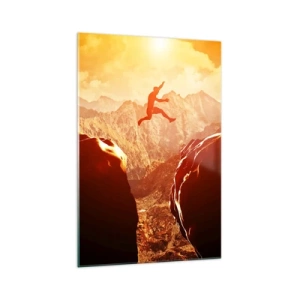 Impression sur verre - Image sur verre - Une silhouette sautant entre des rochers avec des montagnes en arrière-plan - 70x100cm - Dépassement des limites - Décoration murale moderne pour le salon et la chambre ARTTOR