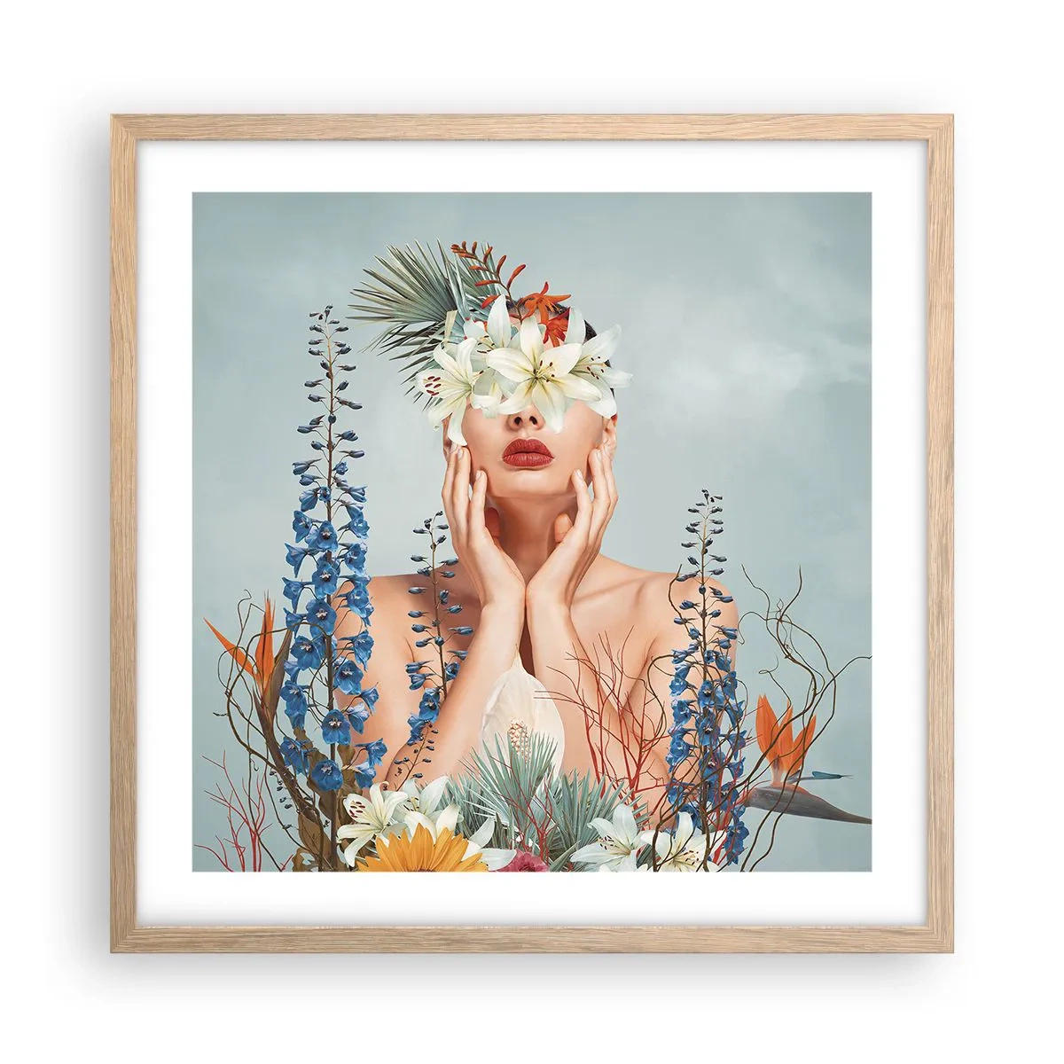 Affiche dans un chêne clair - Poster - Femme - fleur - 50x50 cm