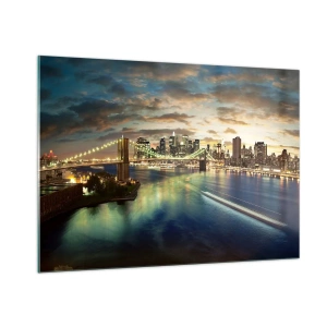 Impression sur verre - Image sur verre - Vue du pont et de la ville au coucher du soleil - 100x70cm - Une soirée lumineuse sur Manhattan - Décoration murale moderne pour le salon et la chambre ARTTOR