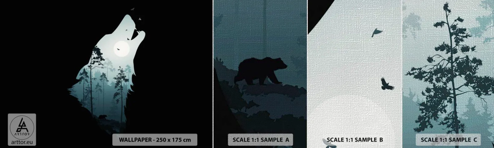 Échantillon de Papier Peint Premium Canvas - La voix de nuit de la forêt - Abstraction, Ours, Grotte - 100x30 cm