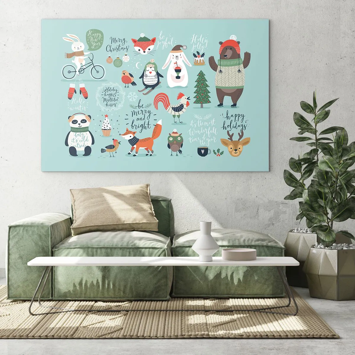 Impression sur verre - Image sur verre - Illustrations d'animaux de Noël sur fond pastel - 120x80cm - Que ce soit toujours Noël ! - Décoration murale moderne pour le salon et la chambre ARTTOR
