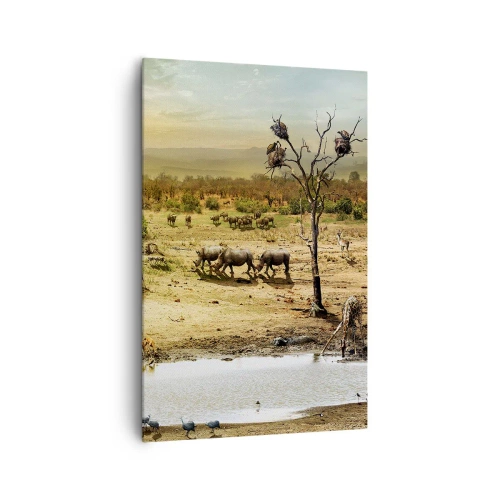 Impression sur toile - Image sur toile - Éléphants et animaux sauvages à un point d'eau au coucher du soleil - 80x120cm - "Et d'Eden coulait une rivière..." - Décoration murale moderne pour le salon et la chambre ARTTOR