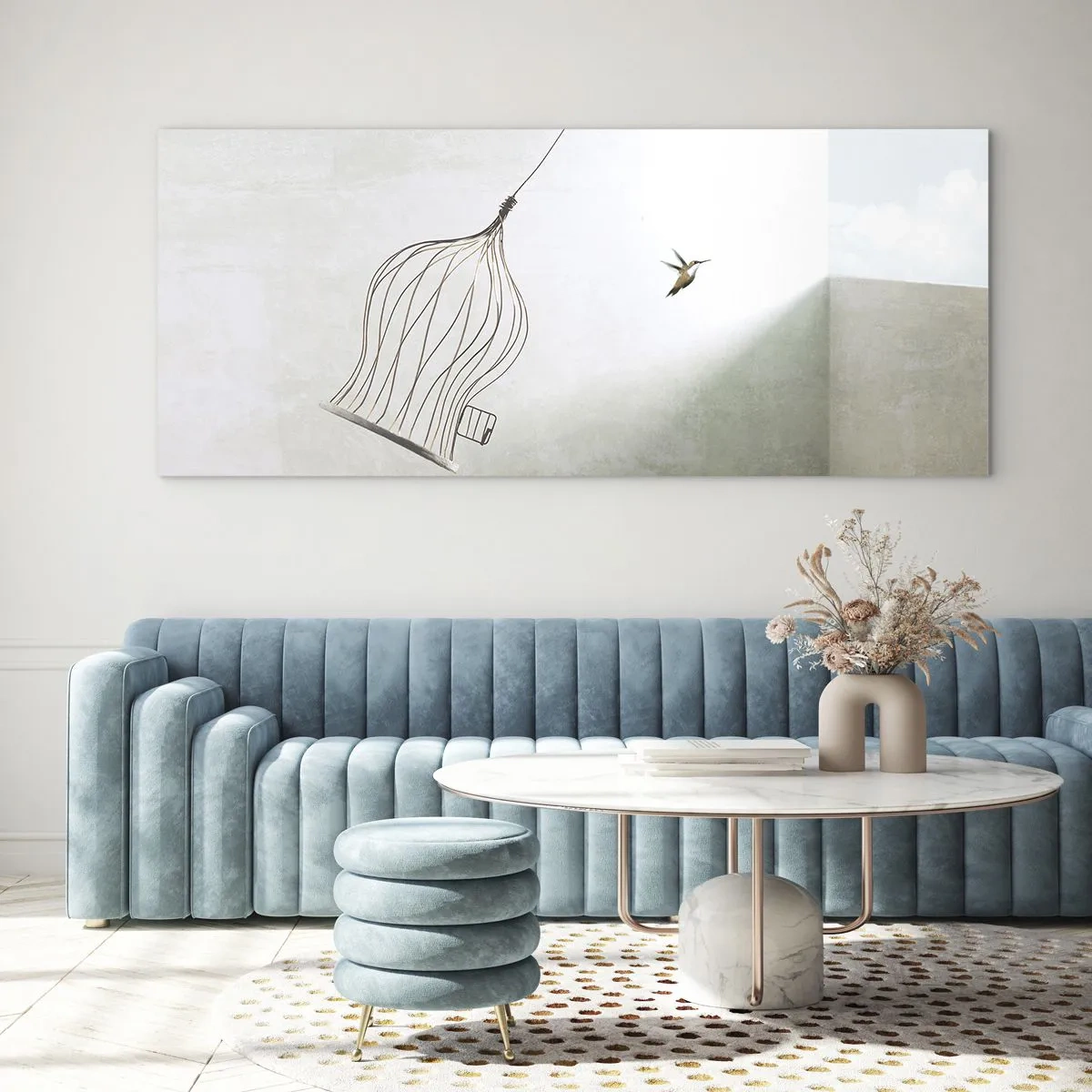 Impression sur verre - Image sur verre - Un oiseau libéré d'une cage sur fond de ciel lumineux - 140x50cm - Dans son élément - Décoration murale moderne pour le salon et la chambre ARTTOR