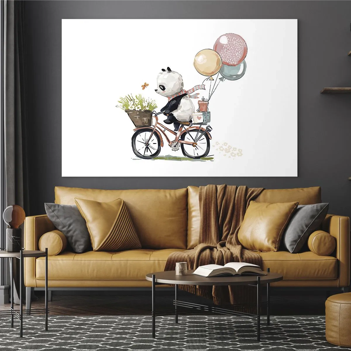 Impression sur verre - Image sur verre - Un panda faisant du vélo avec des ballons et un panier de fleurs. - 100x70cm - Jour de chance - Décoration murale moderne pour le salon et la chambre ARTTOR