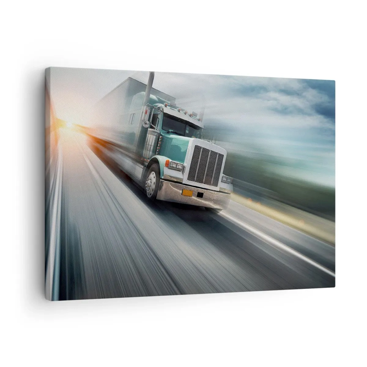 Impression sur toile - Image sur toile - Un camion sur l'autoroute en mouvement au coucher du soleil - 70x50cm - Le géant américain est en fuite - Décoration murale moderne pour le salon et la chambre ARTTOR