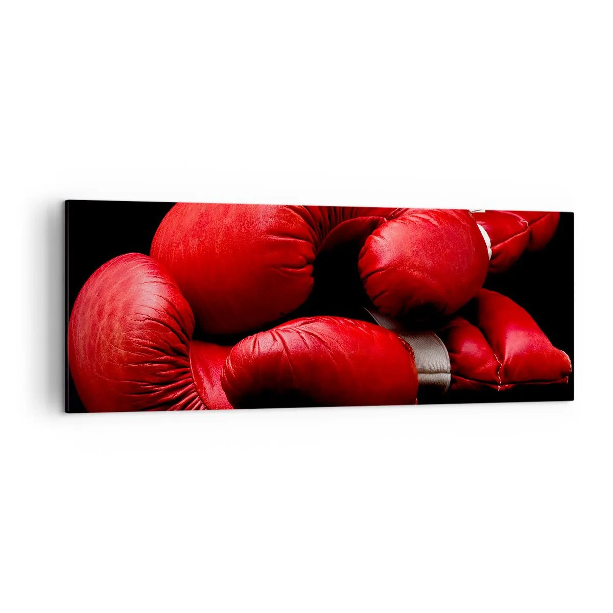 Impression sur toile - Image sur toile - Gants de boxe rouges sur fond noir - 140x50cm - Les émotions du combat sont derrière nous - Décoration murale moderne pour le salon et la chambre ARTTOR
