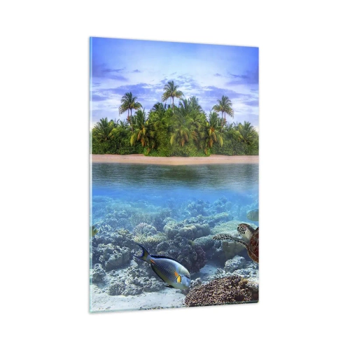Impression sur verre - Image sur verre - Une île tropicale entourée d'un océan turquoise avec un récif de corail et des poissons. - 80x120cm - L'île céleste vous invite - Décoration murale moderne pour le salon et la chambre ARTTOR