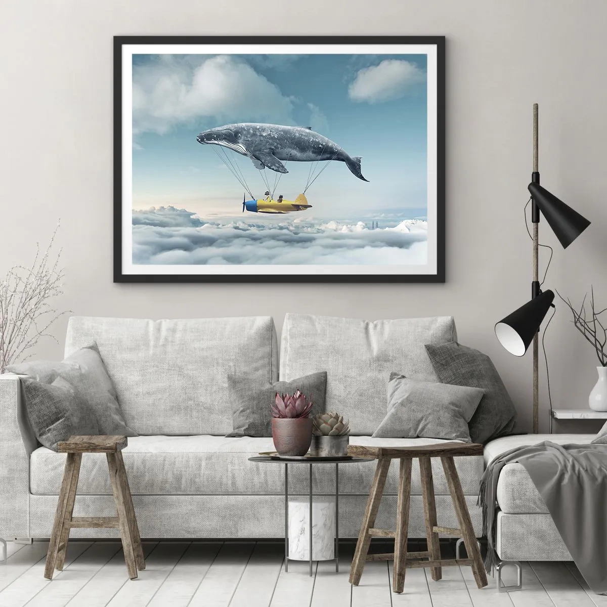Affiche dans un cadre noir - Poster - Une baleine volante transporte un avion dans un décor surréaliste. - 100x70cm - Pourquoi pas? - Décoration murale moderne pour le salon et la chambre ARTTOR