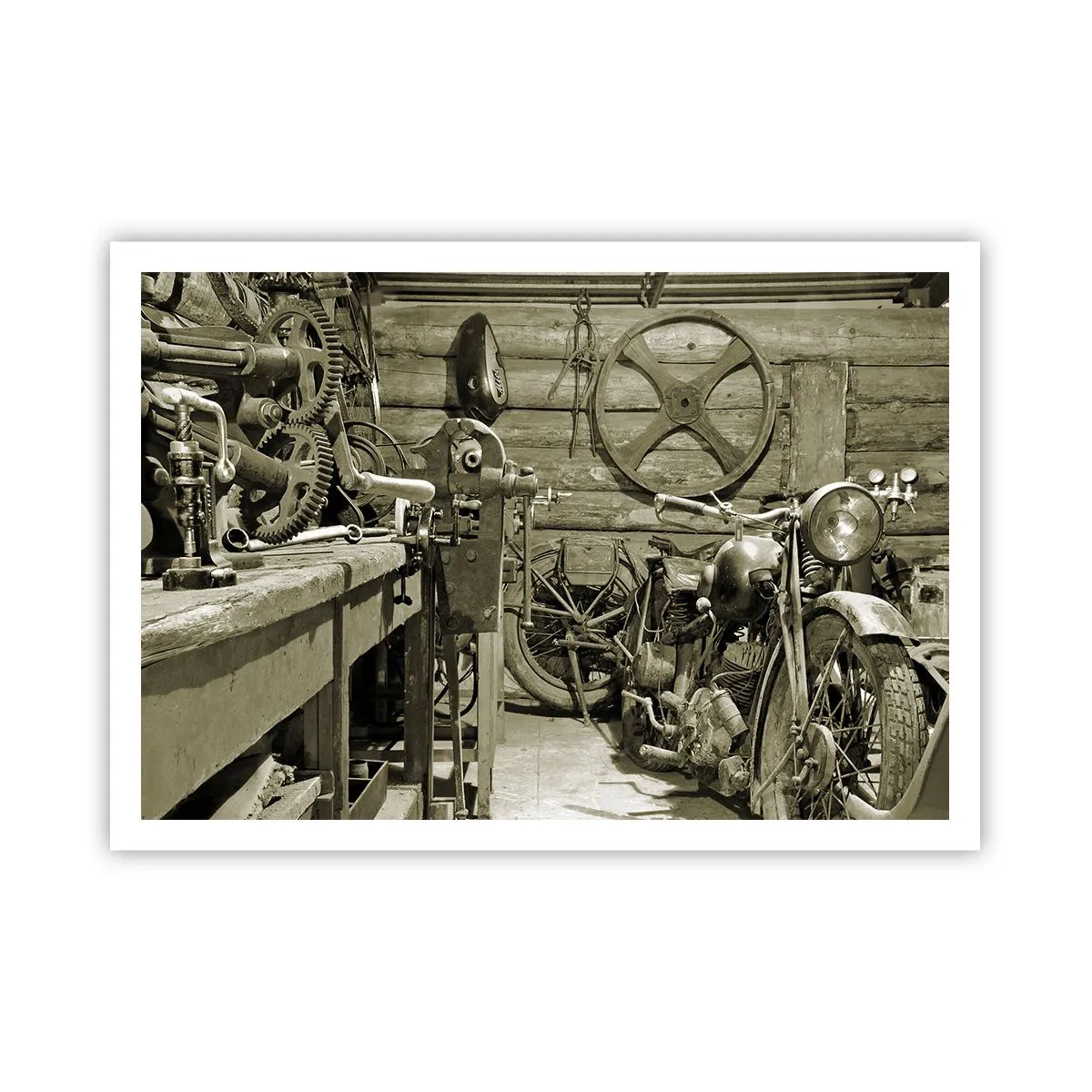 Affiche - Poster - Atelier rétro avec motos et outils - 100x70cm - Dans le hangar de l'oncle Władek - Décoration murale moderne pour le salon et la chambre ARTTOR