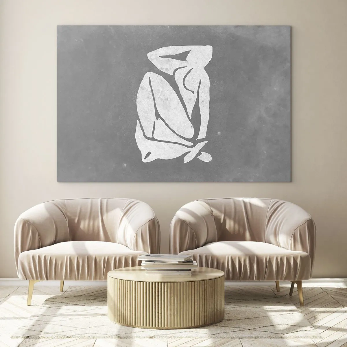 Impression sur verre - Image sur verre - Une silhouette minimaliste d'une femme sur fond gris - 70x50cm - En pensée - Décoration murale moderne pour le salon et la chambre ARTTOR