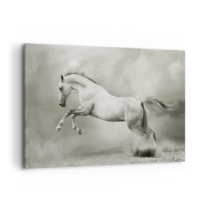 Impression sur toile - Image sur toile - Un cheval blanc dans un saut dynamique sur fond de nuages brumeux. - 120x80cm - Entre le réveil et le sommeil - Décoration murale moderne pour le salon et la chambre ARTTOR