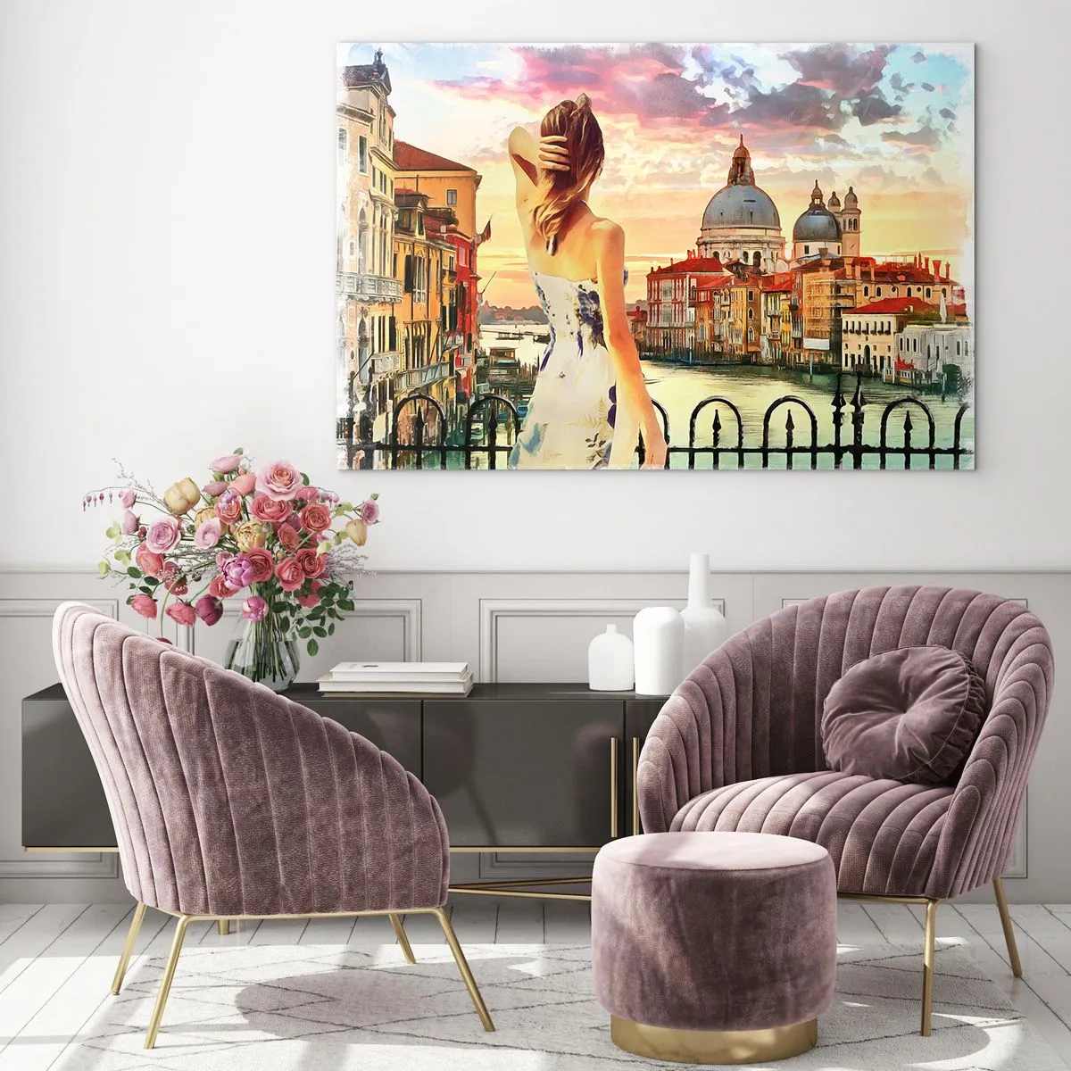 Impression sur verre - Image sur verre - Une femme admire la vue de Venise au coucher du soleil. - 100x70cm - Pour une aventure c'est uniquement dans ... - Décoration murale moderne pour le salon et la chambre ARTTOR