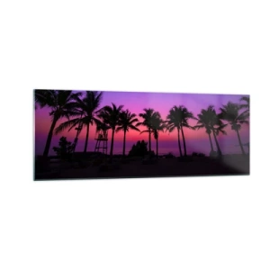 Impression sur verre - Image sur verre - Silhouettes de palmiers sur un ciel de coucher de soleil rose-violet - 140x50cm - Soirée sous les palmiers - Décoration murale moderne pour le salon et la chambre ARTTOR