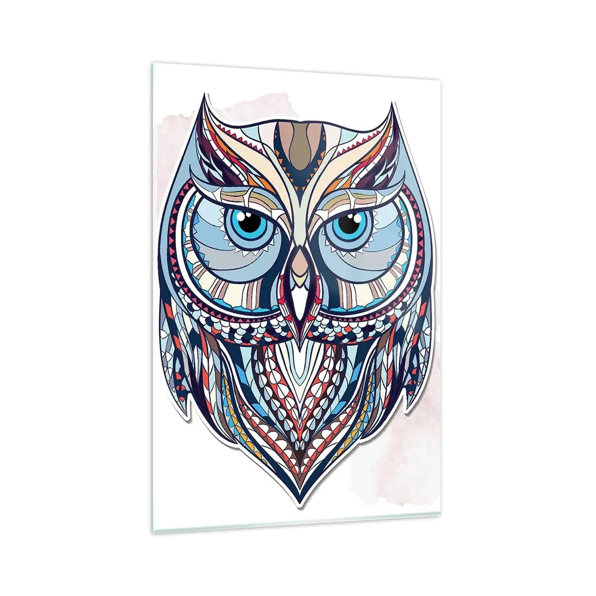 Impression sur verre - Image sur verre - Chouette géométrique dans les tons bleu et beige - 80x120cm - Chouette ornementale élaborée - Décoration murale moderne pour le salon et la chambre ARTTOR