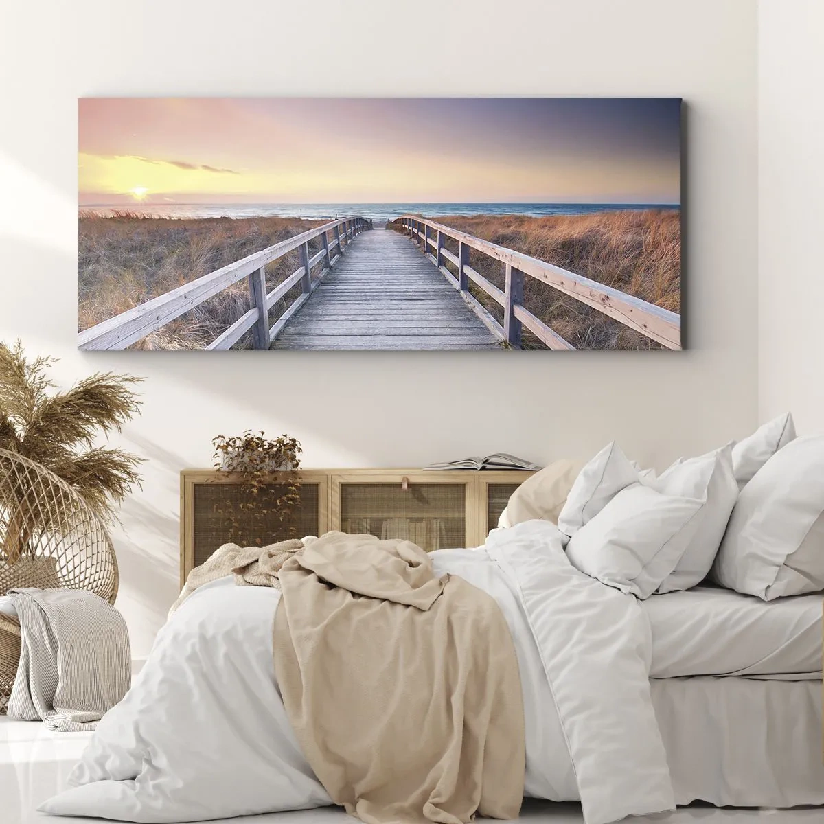 Impression sur toile - Image sur toile - Une jetée en bois menant à la plage au coucher du soleil avec le ciel peint de couleurs pastel. - 140x50cm - Aurore baltique du soir - Décoration murale moderne pour le salon et la chambre ARTTOR