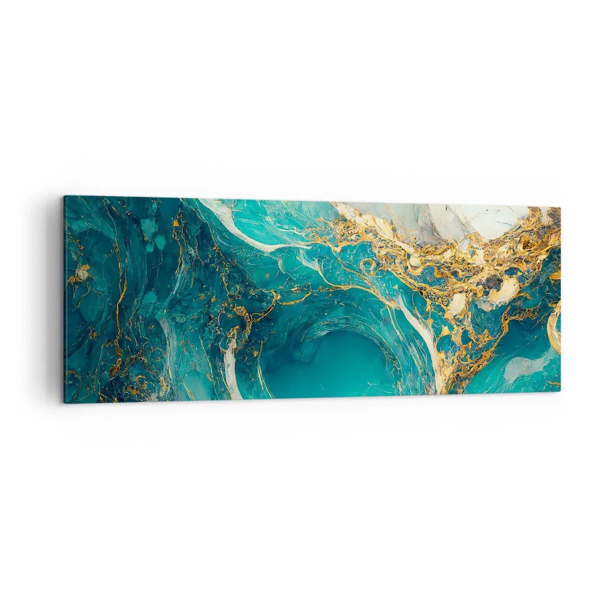 Impression sur toile - Image sur toile - Une composition abstraite dans des tons turquoise et or. - 140x50cm - Composition en veines d'or - Décoration murale moderne pour le salon et la chambre ARTTOR