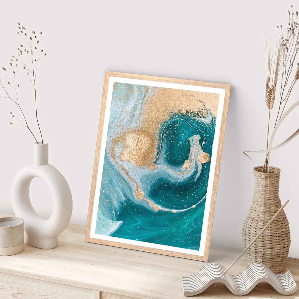Affiche dans un chêne clair - Poster - Tourbillon d'or et de turquoise - 70x100 cm