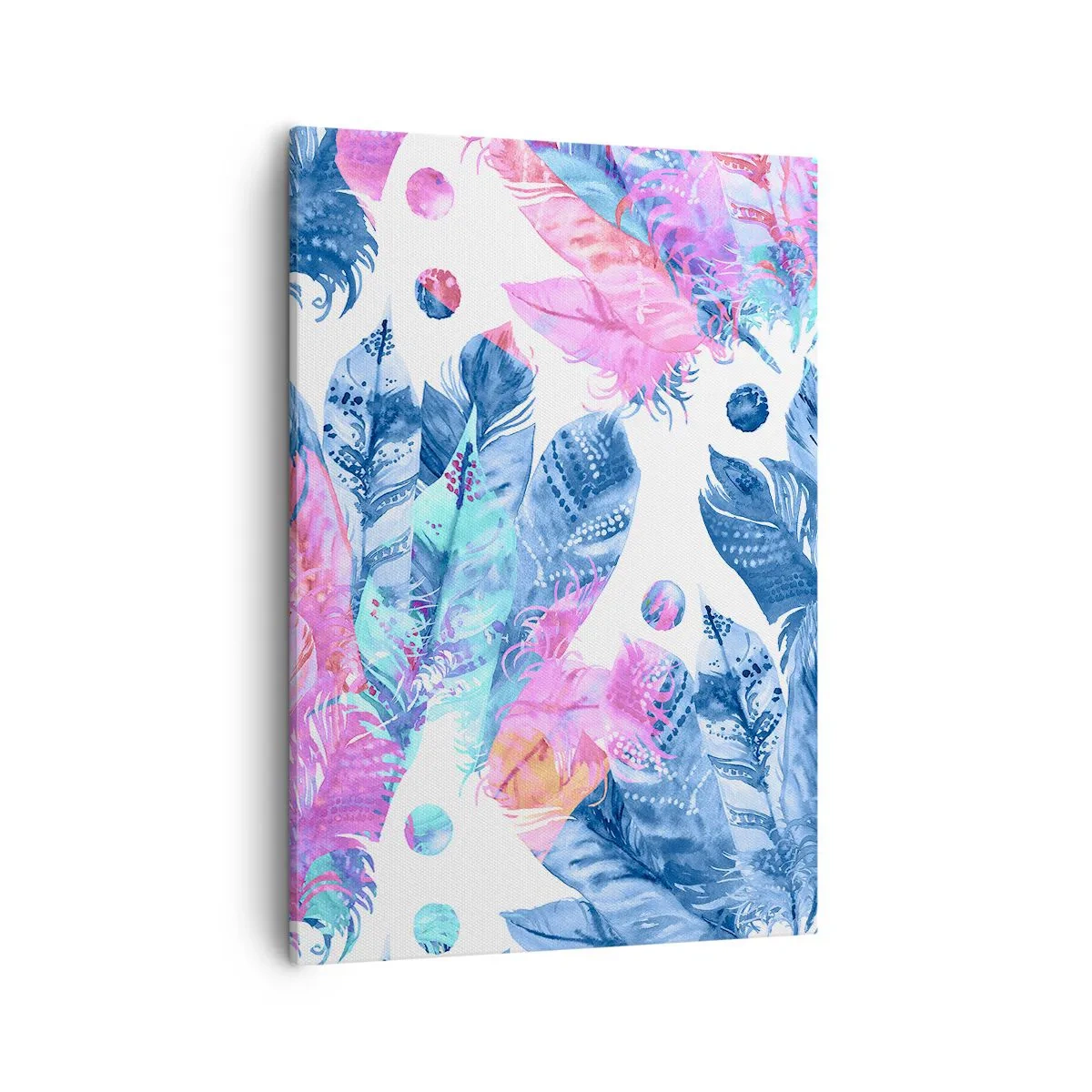 Impression sur toile - Image sur toile - Motif abstrait avec des plumes colorées dans des tons pastel - 50x70cm - Plumes en rose et bleu - Décoration murale moderne pour le salon et la chambre ARTTOR