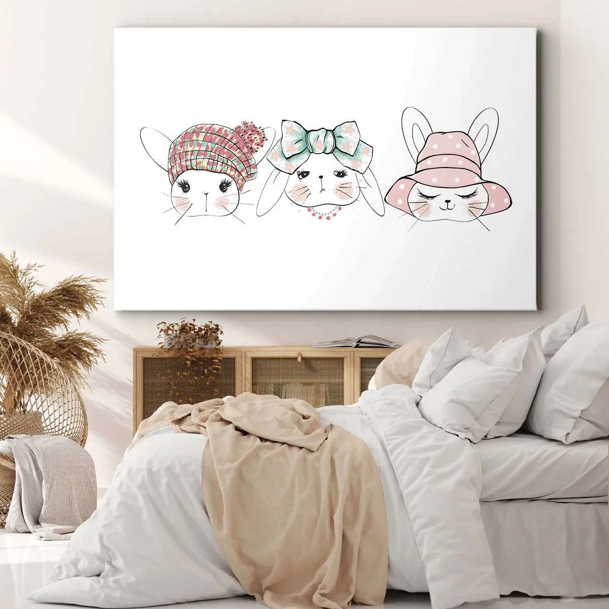 Impression sur toile - Image sur toile - Adorables lapins portant des coiffes pastel - 70x50cm - Pensif, triste, satisfait - Décoration murale moderne pour le salon et la chambre ARTTOR