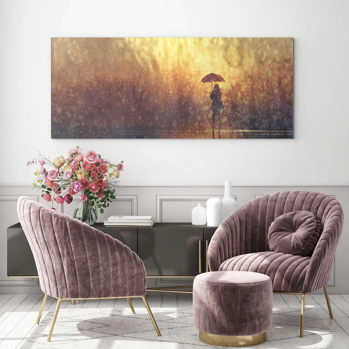 Impression sur verre - Image sur verre - Une silhouette avec un parapluie dans un paysage brumeux plein de reflets - 140x50cm - Je sens que quelqu'un me regarde - Décoration murale moderne pour le salon et la chambre ARTTOR