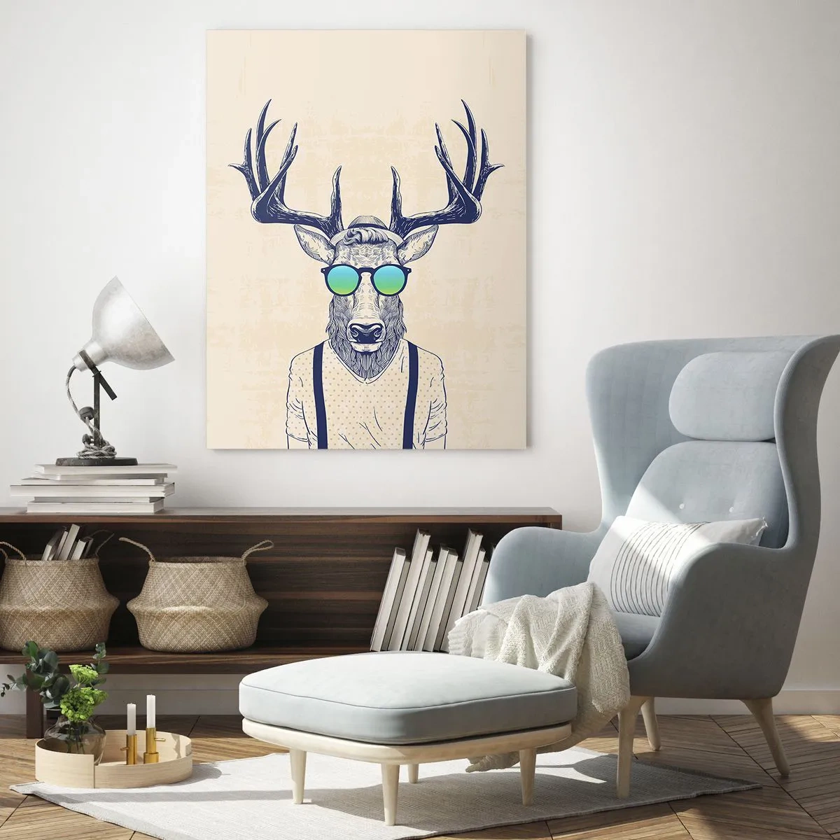 Impression sur verre - Image sur verre - Un cerf élégant portant des lunettes de soleil sur un fond clair - 50x70cm - A qui vous attendiez-vous ? - Décoration murale moderne pour le salon et la chambre ARTTOR