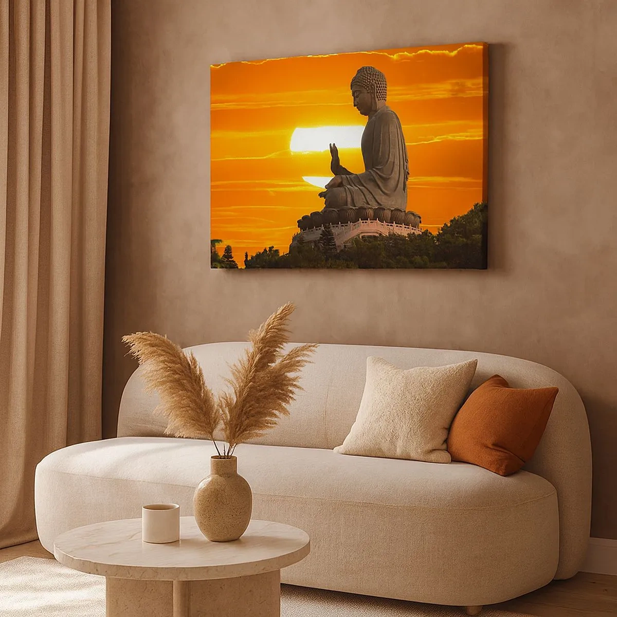 Impression sur toile - Image sur toile - Une statue bouddhiste sur fond de coucher de soleil orange - 70x50cm - Aucune peur du monde - Décoration murale moderne pour le salon et la chambre ARTTOR